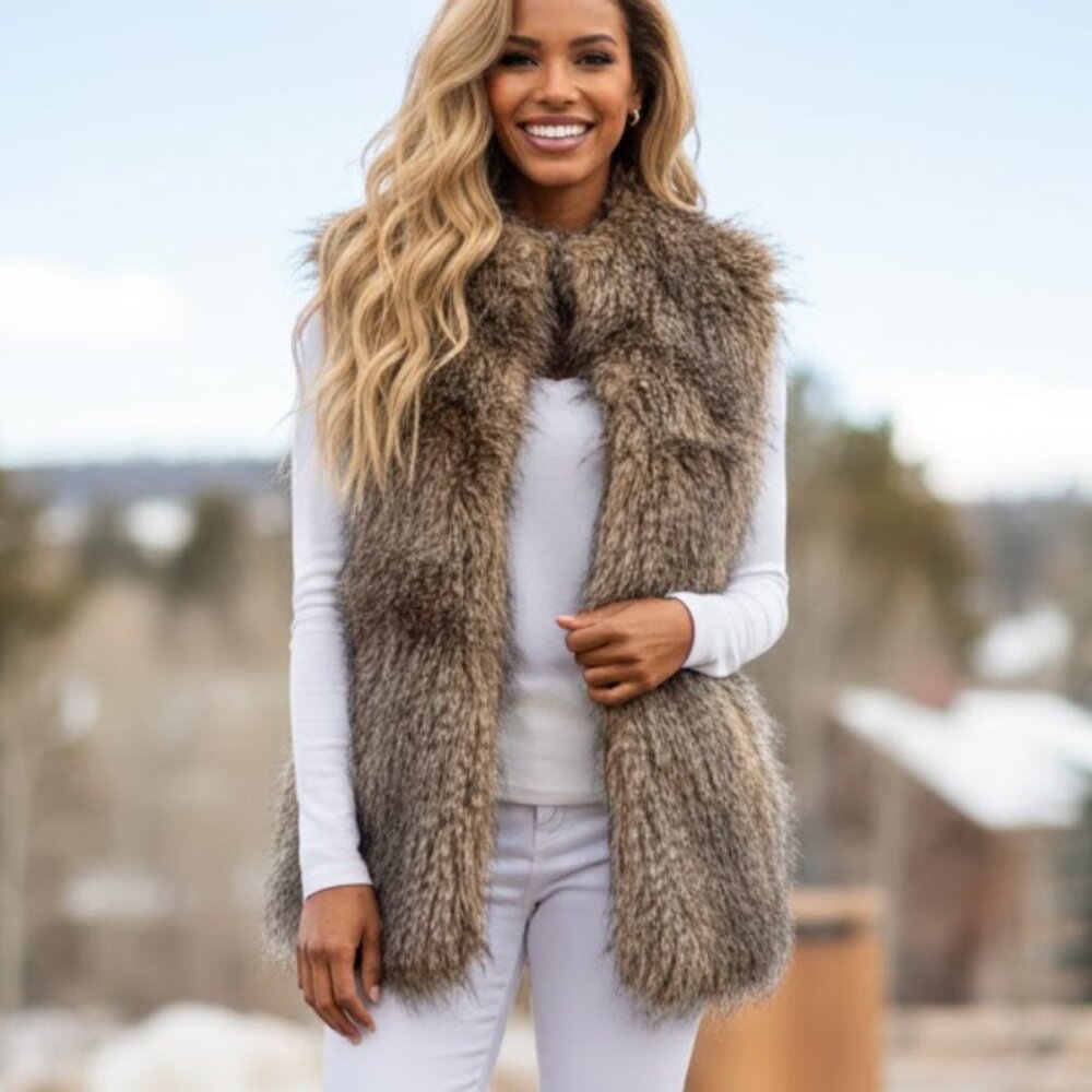 🌟 Kristen Blake Faux Fur Vest in Brown and Gray. Size S